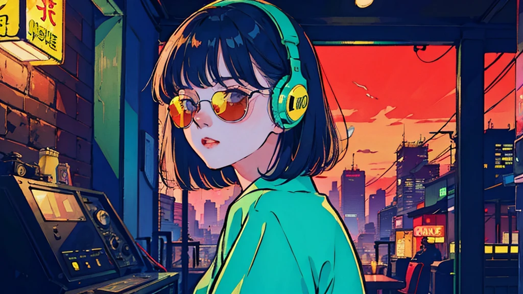 Beautiful Korean Women, One Woman, Black Hair, headphone, in the cafe, midnight tokyo, neon, window, Wearing sunglasses.Room turntable, In the style of neon realism, Charming character, action, Gadget Punk, solapunk, Colorful cityscape, Crimson and amber, Neon Black, Soft lighting, night, nighttime, Realistic, red lighting, Green lighting, Hard Shadows, masterpiece, Highest quality, complicated, Model shooting style, Vintage, Film Grain, Incomplete details. Beautiful neon lights.Best eyes.Best hads.