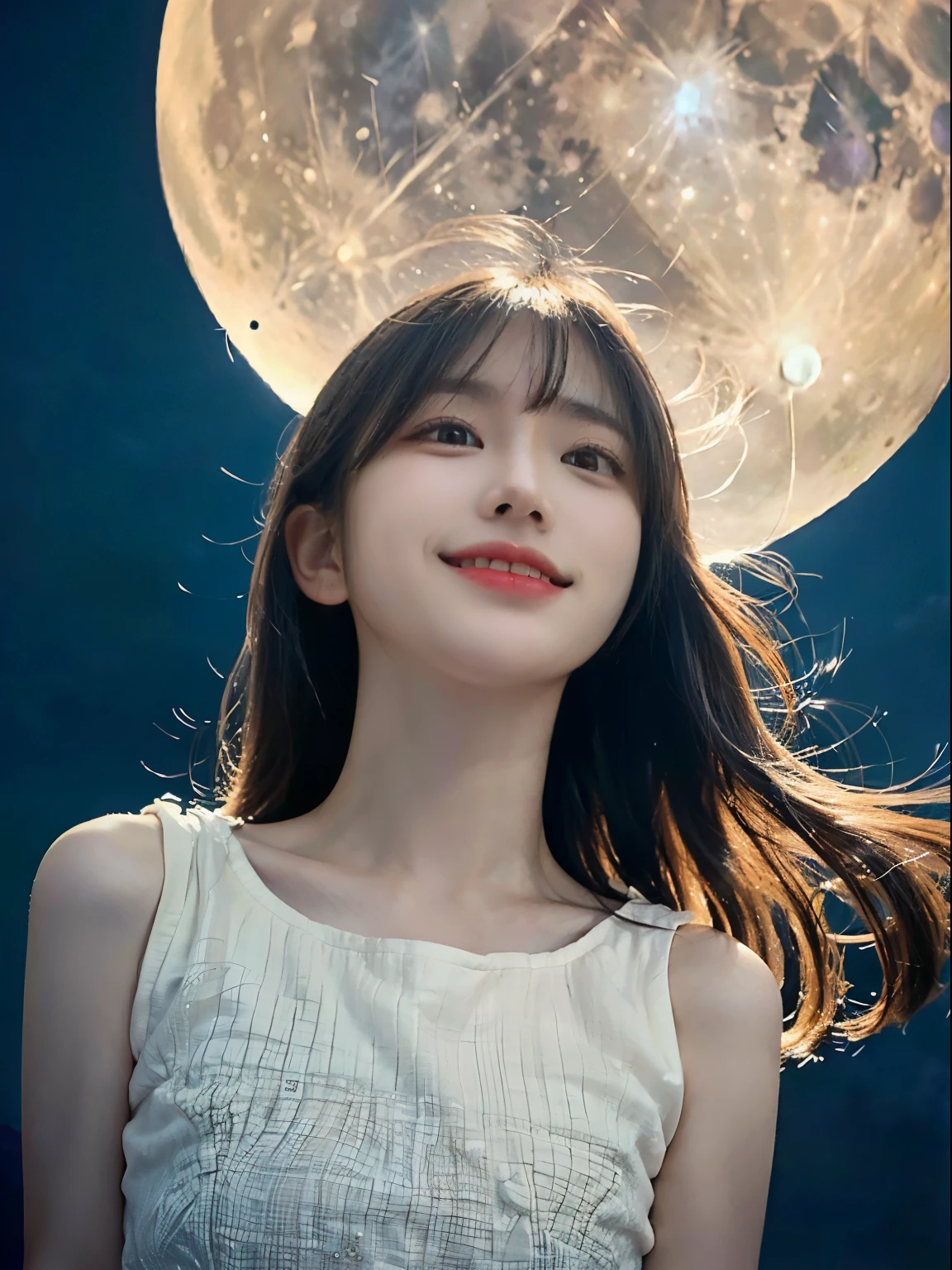 (One girl with slender small breasts and long hair with dull bangs in a white dress1.5)、(One girl looking up the sky with small smile :1.3)、(Low angle shot :1.5)、(Beautiful full moon:1.5)、(Perfect Anatomy:1.3)、(No mask:1.3)、(complete fingers:1.3)、Photorealsitic、Raw photography、masutepiece、top-quality、hight resolution、delicate and pretty、face perfect、Beautiful detailed eyes、Fair skin、Real Human Skin、pores、((thin legs))、(Dark hair)