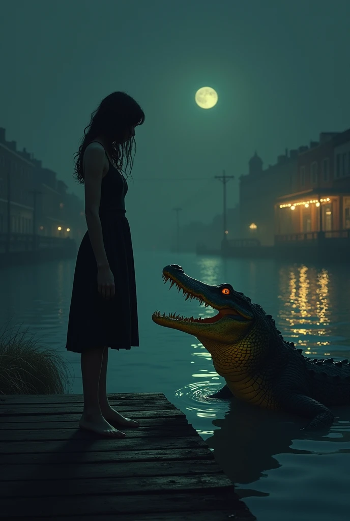 Arte estilo Artist Alex, bruxa, Alligator with Body Woman, ela tomou forma de uma velha bruxa, com garras, alligator head and a horrifying voice, besides long, messy hair, Corpo inteiro, sombrio, Face a huge boiling cauldron, cem uma caverna, imagem 4k