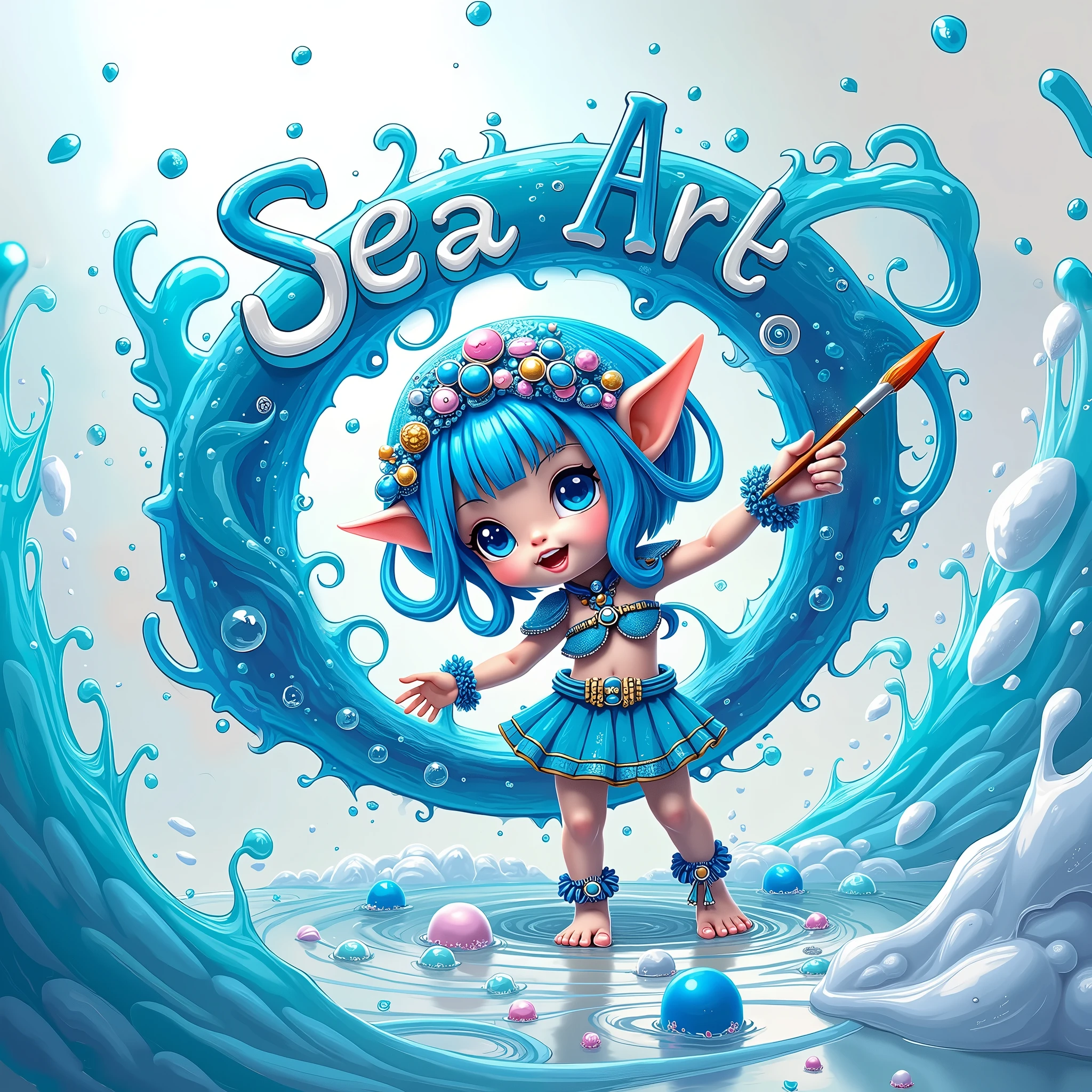 cute，A blue sea elf，Wearing clothes made from seawater，Wearing a digitally-made blue sea painter&#39;s hat，Barefoot，Holding a paintbrush in left hand，Right hand pointing forward，On the right hand, there is a large circle made of blue sea water with the word &quot;seaart&quot; written on it.，Swirl shape，Swirl shape，Curious expression，A person poses for painting，White Art World Background，Perfect Light，High image quality，Extraordinary texture，High-resolution details，Masterpieces，Vivid colors，High contrast tones，Cool colors，Fantasy style，Perfect Light，High image quality，Extraordinary texture，Chibi，3D Rendering，Unreal Engine，C4D，OC Renderer，Ray Tracing，Long-distance shooting