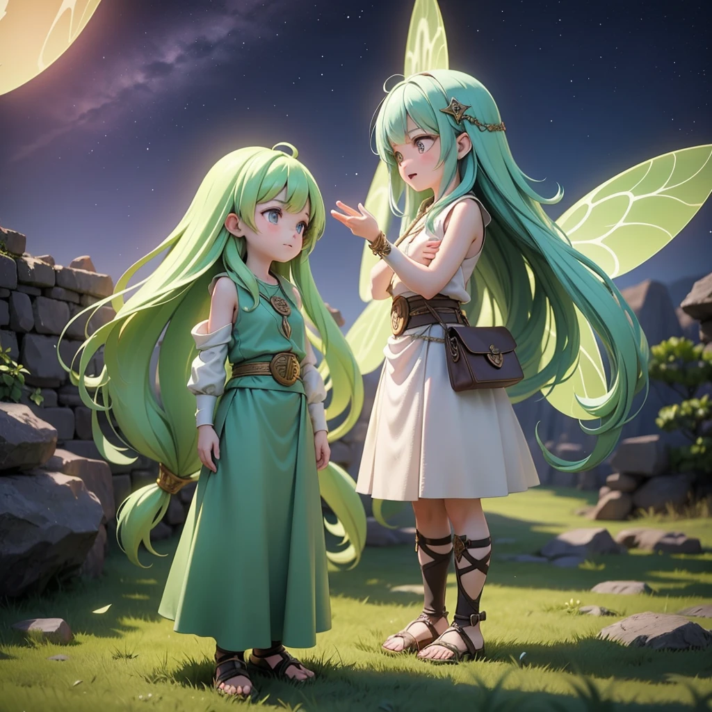 Celtic mythological priestess in long dress、House of Taiki、There are fairies flying around