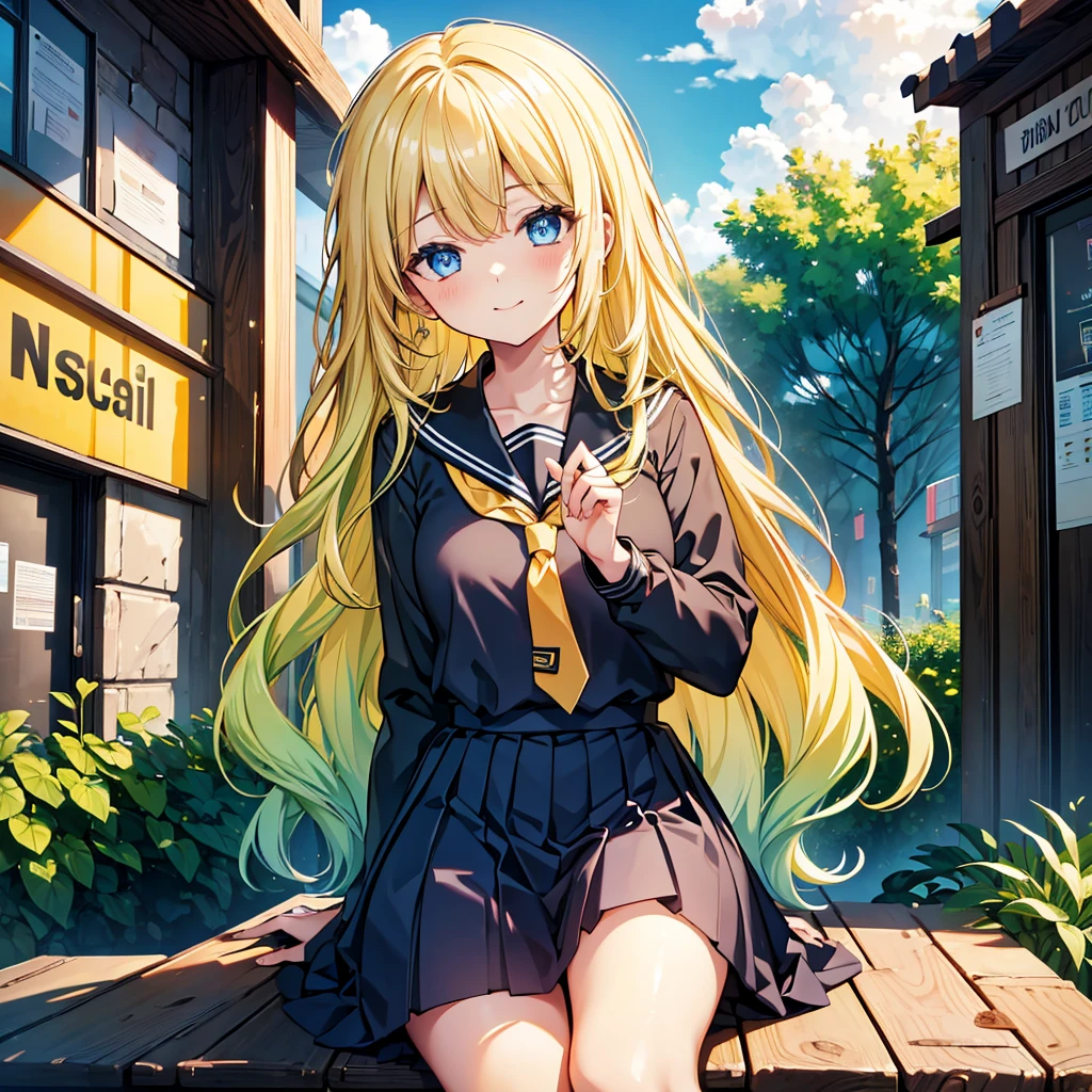 Woman gazing diagonally upwards, {{{Soft smile}}}, Black Sailor Suit, Long skirt, {{{{{Bright yellow long wavy hair}}}}}, Best Quality,Best image quality,Perfect Anatomy,masterpiece,Very detailedな,beautiful,super high quality, Best Quality,High resolution, Very detailed,Game CG,Dutch Angle ,Beautiful attention to detail,Visual Arts,Five fingers, Perfect hands,Hide your hands, {{{One Girl}}}, Beautiful detailed girls, Game CG, masterpieceアニメ，Best Quality, Very detailedな顔，Power Pro, Sugami Hisashi, {{{One Girl}}}, Blue Eyes, Female Manager, School grounds, Yellow tie, Sleepy smile, Knee-high portrait, Three-dimensional background, Multiple clouds,