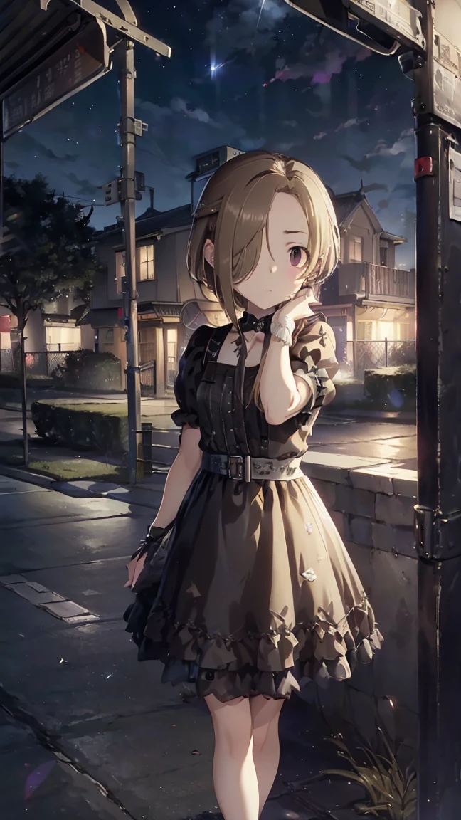 masterpiece, Best Quality, High resolution, Very detailed,(((Alice Tachibana))), (((Standing at a distance))), (((fence))), (((Around town))), (((night))), (((Black Dress))), (((bus stop))), (((roof))), (((One girl))), (((solo))), (((Blonde))), (((Brown Hair))), (((Short Hair))), (((Hair covering one eye)))