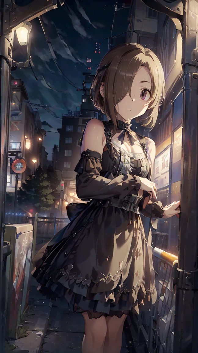 masterpiece, Best Quality, High resolution, Very detailed,(((Alice Tachibana))), (((Standing at a distance))), (((fence))), (((Around town))), (((night))), (((Black Dress))), (((bus stop))), (((roof))), (((One girl))), (((solo))), (((Blonde))), (((Brown Hair))), (((Short Hair))), (((Hair covering one eye)))