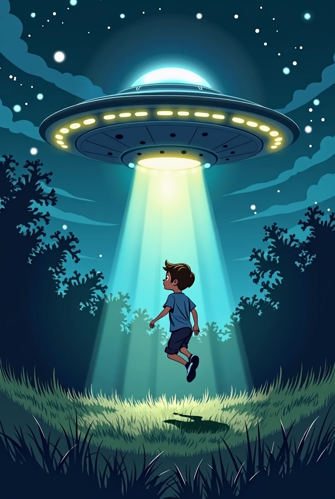 A ager girl speaking with an alien in a forestry area with greenish and blue is ambience of light they are standing and a distance the Girish surprised in a cartoonist and sketches style like illustrations of Ruskin bond's book make the heights somewhat same and not too cartoonish make it a little sketchy make distance between them more sketchy and acrahed ufo in background make it TEEN GIRL NOT A BABY remove UFO and now the girl is hiding behind at tree