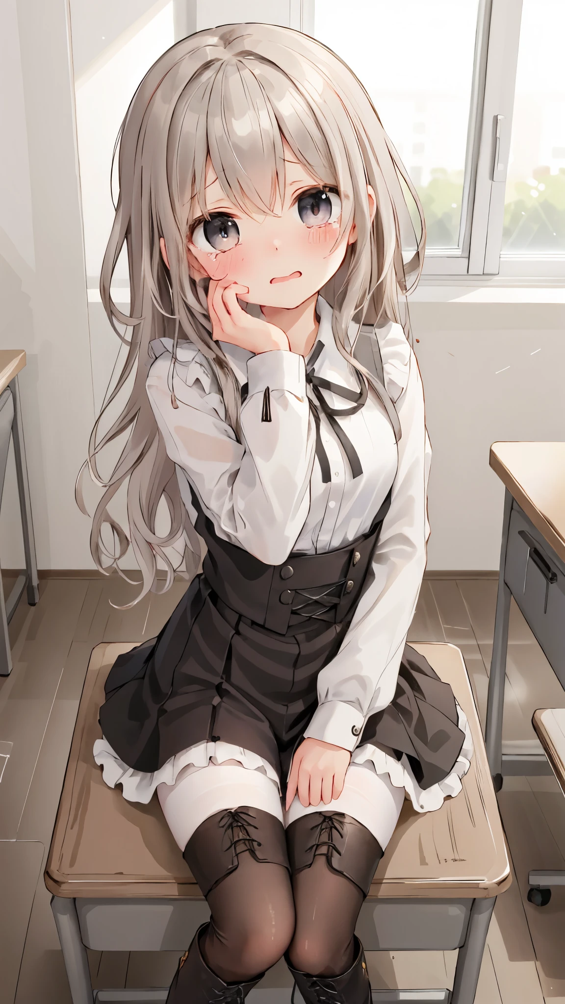 Black lace-up boots,White pantyhose,blush shy,classroom scene,girl,,((Absurd)), ((on the table)), (best quality), (lens flare), (Very detailed), (beautiful), ((cute girl)), Solitary, beautiful face, White skin, on the table, (: 1.3), , 、A girl goes to the toilet、 Everlasting, Crying, Close your eyes, Tears flow from the eyes, The embarrassment comes from, blush), (girl is peeing: 1.2),, Look away, sit, Awkward, blush, Mouth slightly open, classroom (girl leaking urine): 1.5)