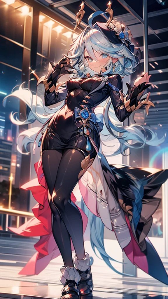 masterpiece, best quality, mature woman, white hair with green color inner, green eyes color, blue and white military uniform, mature_female, eyes glasses , white gloves, anime, blue military hat, very_long_hair, perfect body, commander, science_fiction, black knee-high boots, Side slit white skirt, cowboy_shot , large_breasts, ultra-detailed, high quality, british military dress uniform, sci-fi, dark blue Trench Coat, 1girl, 4k, military base ,perfect hands, full body, great details, beautiful anime illustrations, 26 years old, red ribbon bow tie, white stockings, (((correct anatomy:1.5))), ((perfect hand:1.5, Ideal body proportions:1.37)), Good realistic skin:1.1, look at the audience:1.3, (Dynamic angle:1.3, Focus Target:1.3), (Many poses:0.0), (charming, Smile sexy too.:1.4), The picture in the middle:0.2, ((milf:1.5, alone:1.5)), full body, great details, beautiful anime illustrations, 26 years old