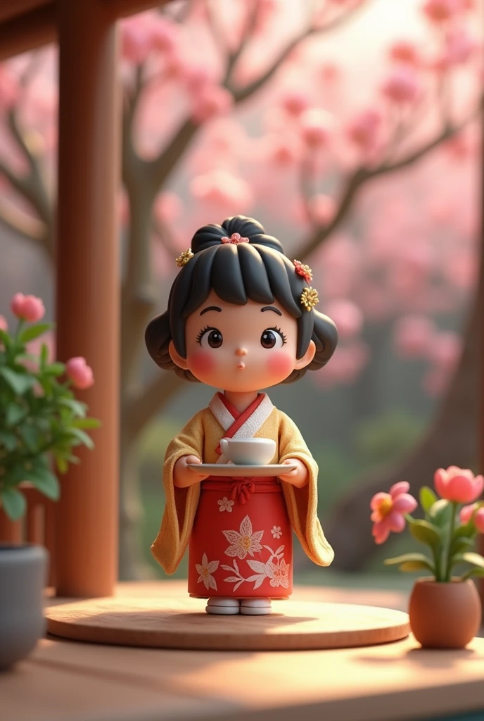 Digital art, cinematic composition, stop motion, clay animation, cute, a  wearing kimono holding tray with a Japanese teacup, sunlight, Sakura trees, outside of a Japanese tea shop