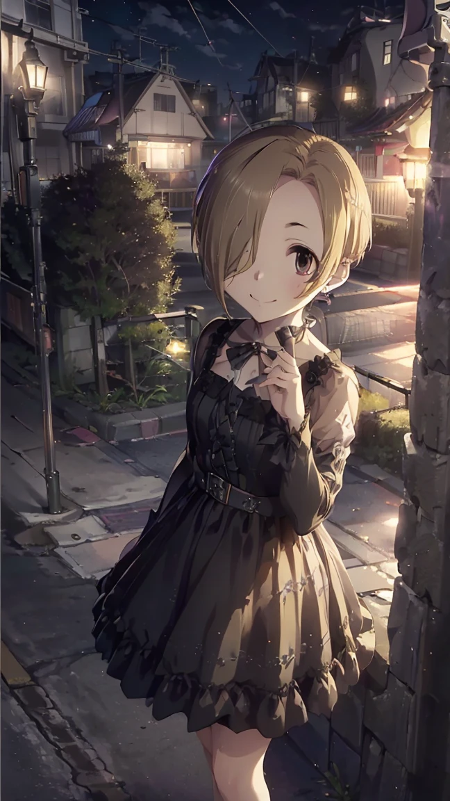 masterpiece, Best Quality, High resolution, Very detailed,(((Shirasaka Koume))), (((Standing at a distance))), (((fence))), (((Around town))), (((night))), (((Black Dress))), (((bus stop))), (((roof))), (((smile))), (((One girl))), (((solo))), (((Blonde))), (((Brown Hair))), (((Short Hair))), (((Hair covering one eye)))