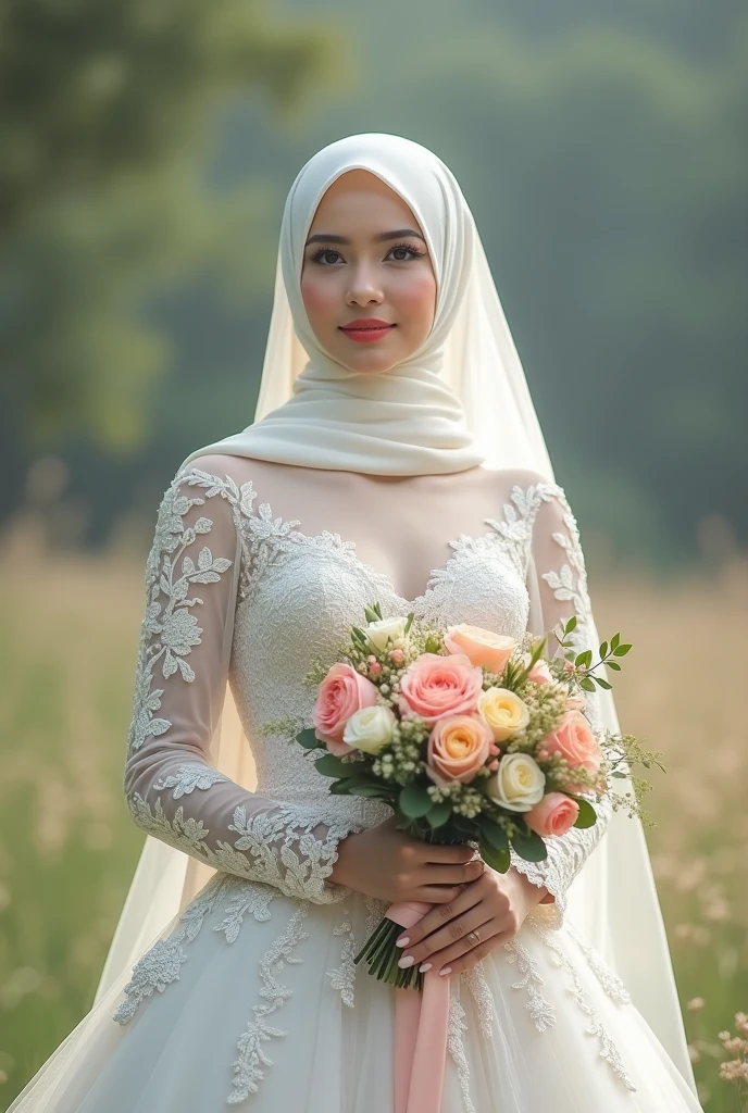 The female athlete named Irin, a member of the Thai national rowing team, wearing a hijab, is in her wedding dress in a floating garden of flowers.
