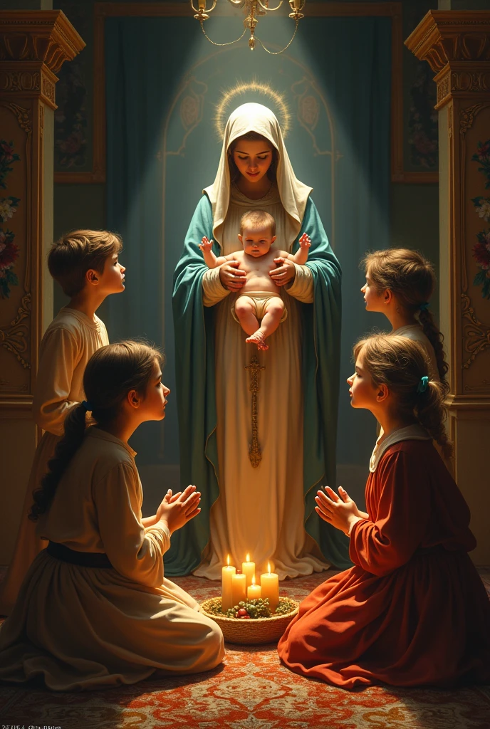 create an image of a family (Good, mother and 2 children, being 2 boys and 1 girl) praying with our lady and jesus.