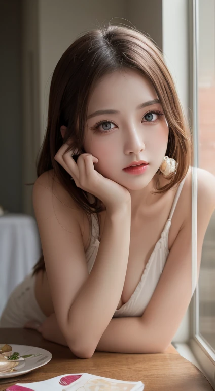 Tabletop、Best Quality、shape、Super detailed、finely、High resolution、8K wallpaper、Perfect dynamic composition、Beautifully detailed eyes、Sexy poses that highlight trendy women's huge breasts、Big breasts natural color lip、H cup sexy pose、smile、20 year old girl、Sexy look on camera、Go shirtless、Beautiful pink nipples and areola、