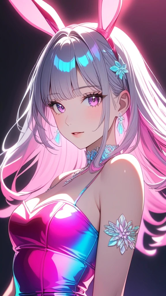 One girl, Medium Hair,  silver hair, Pink long dress, pink Bunny ears , She has large expressive pink eyes,Backlight, Black Light, Beautiful fine details, Beautiful lip detail, Beautifully detailed face, Long eyelashes, Glowing Skin, Mysterious, Mysterious, Surreal, Dramatic lighting, neon, UV rays, psychedelic, Vibrant colors, High resolution, Cinematic, Atmospheric, Harajuku Fashion Akihabara,  Transparent color PVC clothing, Transparent Color Vinyl Clothing, Prismatic, Holographic, chromatic aberration, Colorful gradient