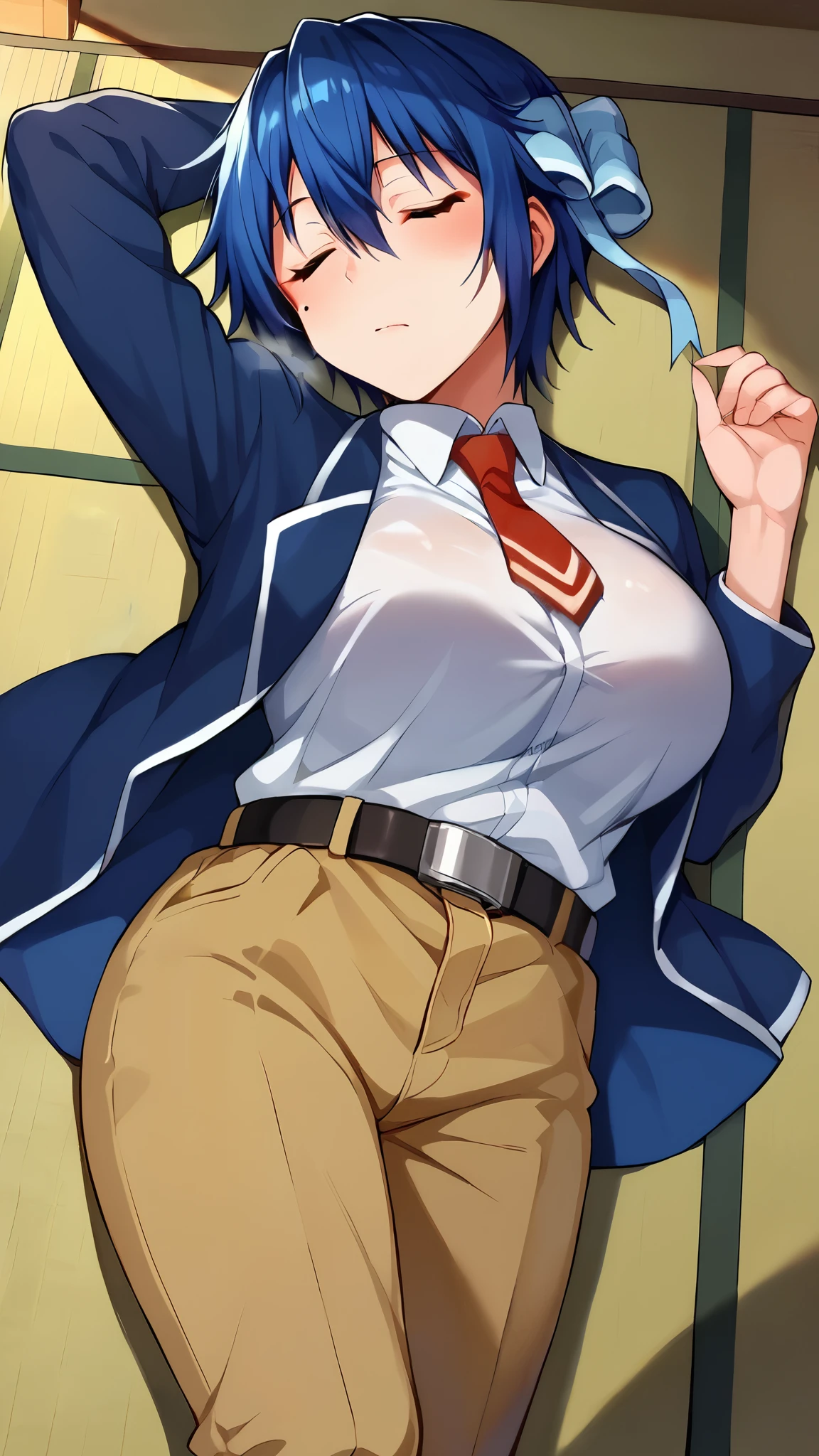 Score_9, Score_8_wonderful, Score_7_wonderful, Score_6_wonderful, sauce_anime, 1 person, solo BREAK tsugumi seishirou, Mole under the eye, Blue Hair, Short Hair, Hair Ribbon, Blue jacket, White shirt, Collared shirt, Red tie, belt, Brown pants, large breasts, futon, sleep, relax, Tatami room, sleeping breath