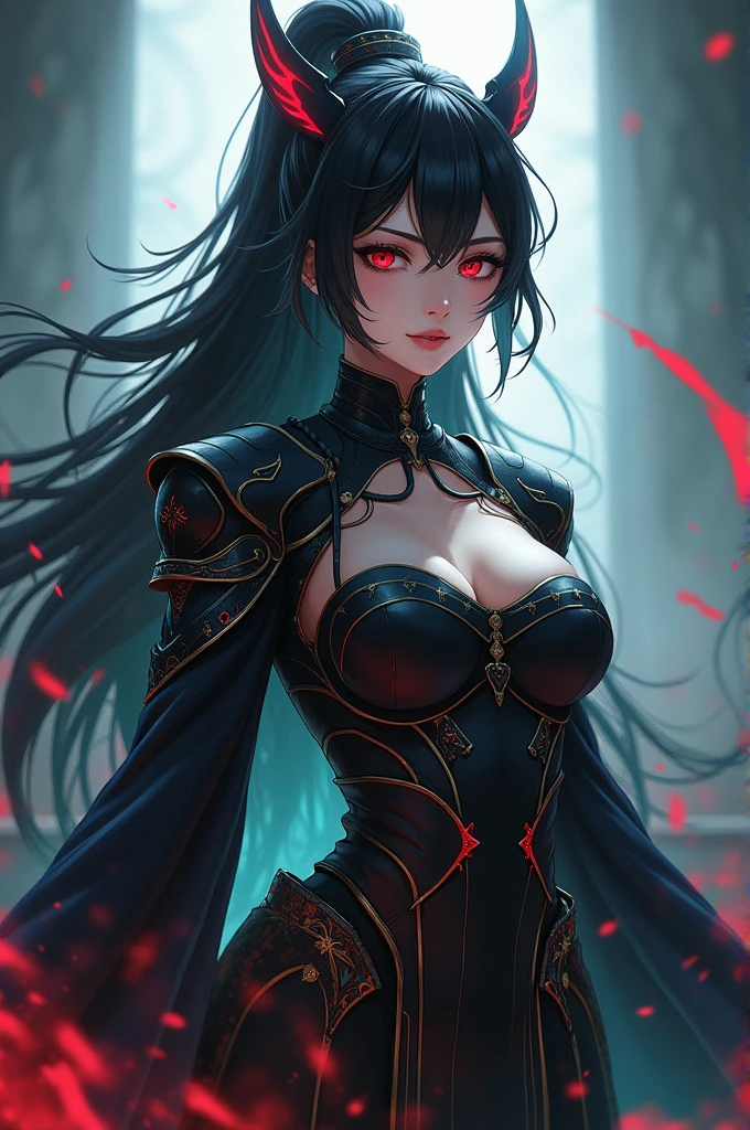 4K quality:1.2,1girl,sense of deps,disorganized,catch light,Super beautiful illustration,((black color,long hairstyles:1.3)),dark dark eyeshadow,(((4k,super beautiful,In detail,red eyes))),bright red lipstick,gothic ta,;D,beautiful and delicate hair