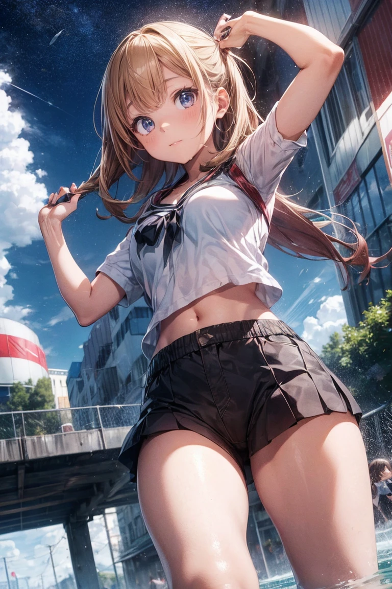 (drooping eyes, angle from below, realistic skin), (((show off her panties with energy and freshness))), well-being, summer sky, buildings,