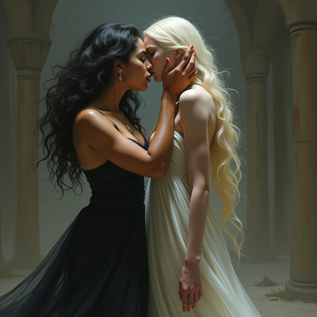 beautiful queen and her king have sex while they are sitting on the throne, pale skin, medieval, nude, sad, haunting, erotic, strong makeup, 