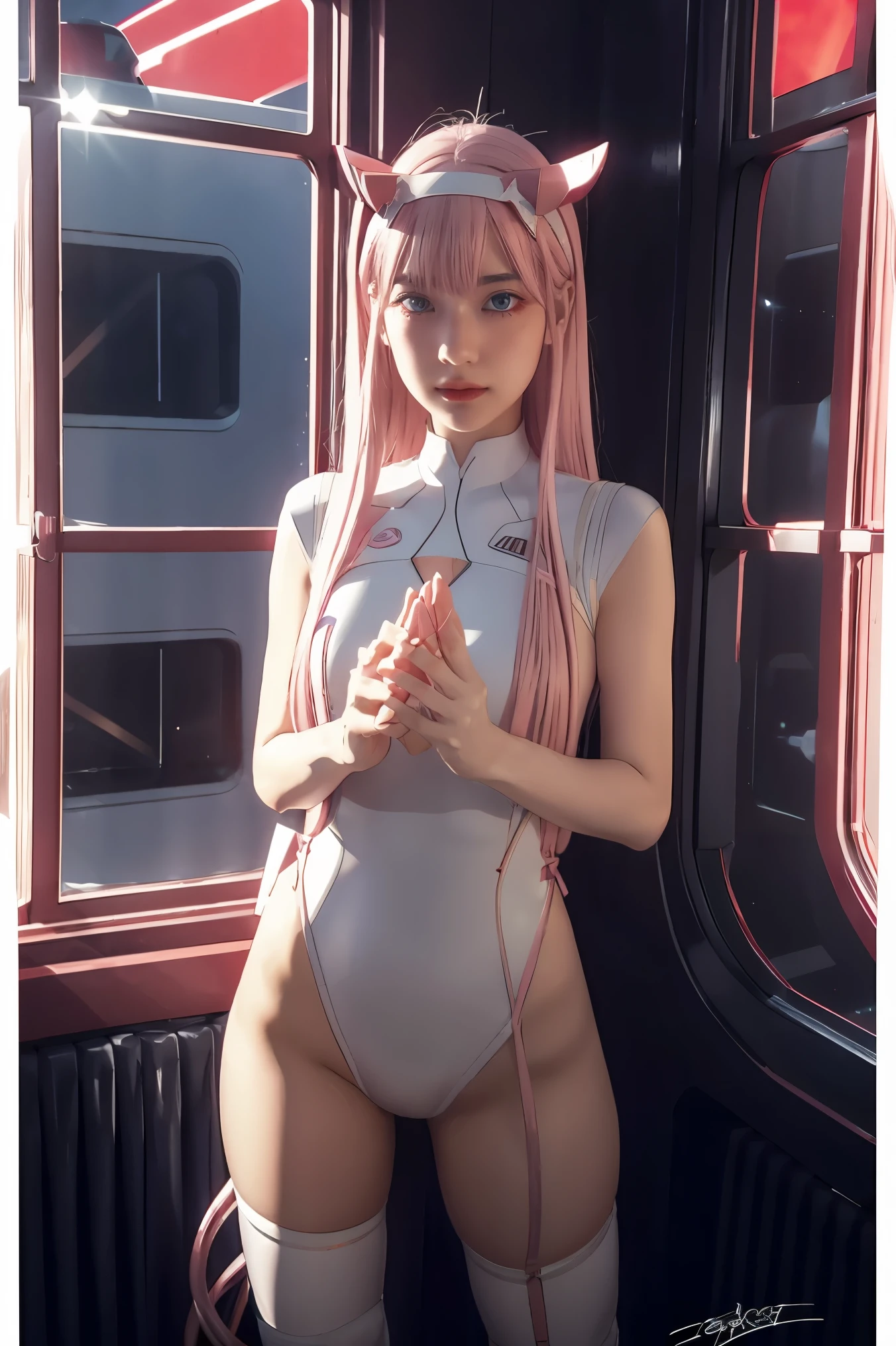 dynamic angle,ultra-detailed, illustration, straight on, 1girl, ((Zero two, interface headband with a pair of horns, red bodysuit:1.4, pink hair)), Her eyes shone like dreamy stars,(glowing eyes:1.233),(beautiful and detailed eyes:1.1),(expressionless, closed mouth),(standing), (mechanic room with tools and spaceship window in a white SPACESHIP), (night:1.2), dreamy, [[delicate fingers and hands:0.55]::0.85],(detail fingers), smirk,