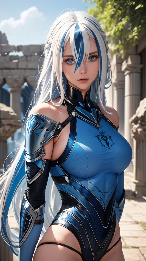 One girl, blue eyes, long hair, white hair, (((blue-streaked white hair))), french braids, delicate and flexible eyes, knightly attire, FOV, f/1.8, masterpiece, ancient civilization's ruins background, blue sky, falling leaves, front portrait shot, face focus, 8K, (((bare shoulders))), front bangs, (((asymmetrical hair))), knight lady, (((female knight blue attire))), looking at viewers, (((big breasts))), (((untied hair))), (((detached sleeves))), (patterned breastplate), (patterned breast armor), from front, face photoshot