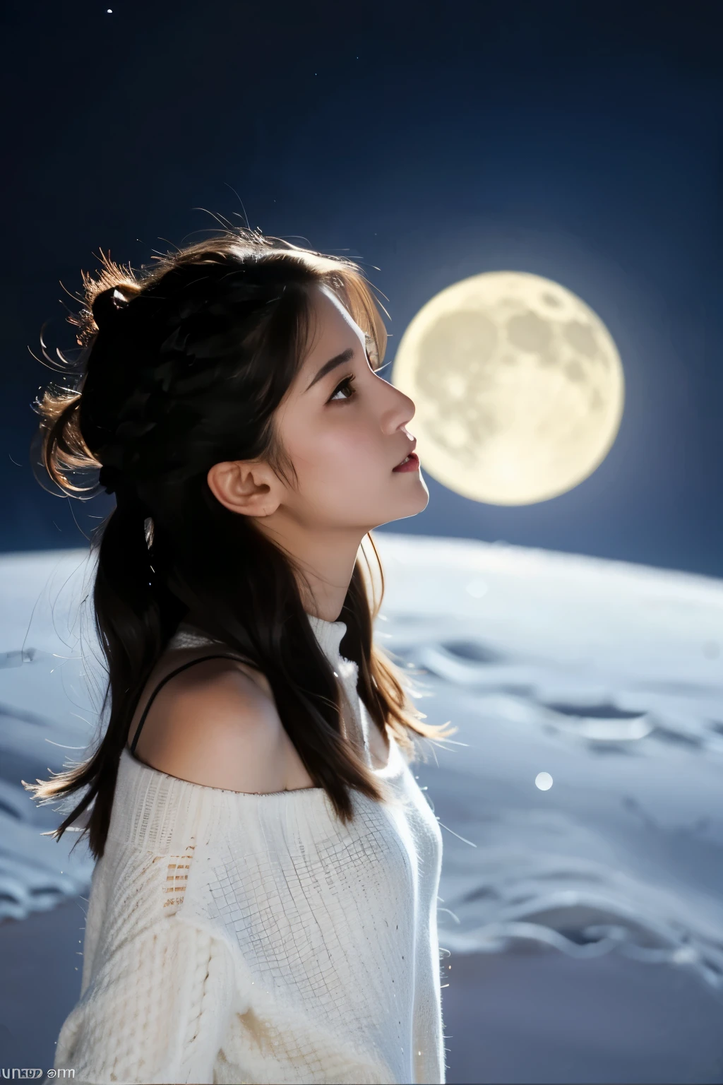 A girl wanting to grab a moon that is above her