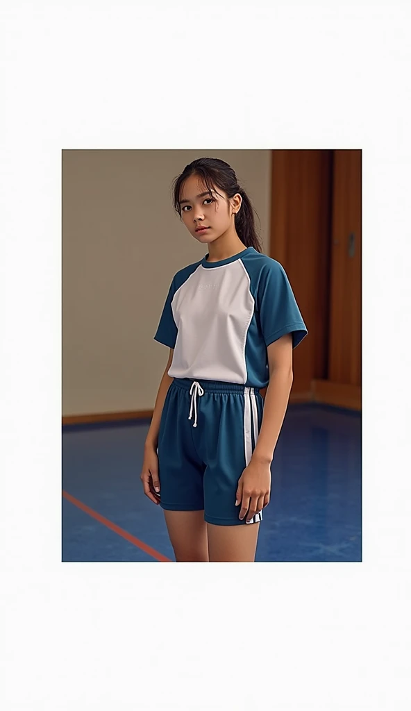 Japanese girl, full body, gym uniform, gym shirts, White T-shirts, dark blue half pants, masturbation