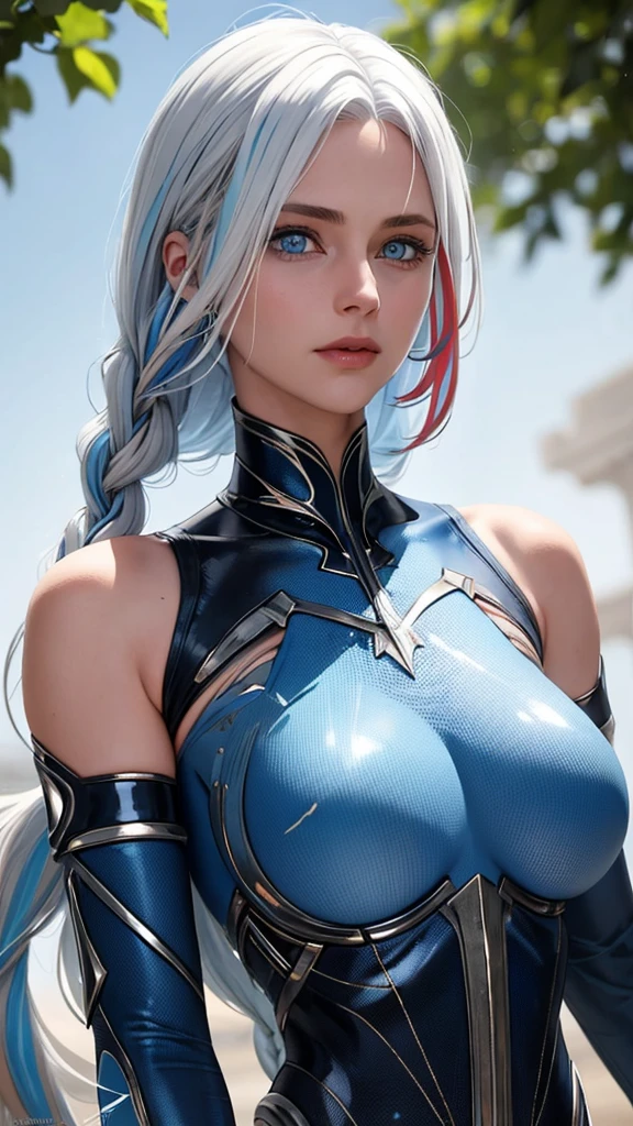 One girl, blue eyes, long hair, white hair, (((blue-streaked white hair))), french braids, delicate and flexible eyes, knightly attire, FOV, f/1.8, masterpiece, ancient civilization's ruins background, blue sky, falling leaves, front portrait shot, face focus, 8K, (((bare shoulders))), front bangs, (((asymmetrical hair))), knight lady, (((female knight blue attire))), looking at viewers, (((big breasts))), (((untied hair))), (((detached sleeves))), (patterned breastplate), (patterned breast armor), from front, face photoshot