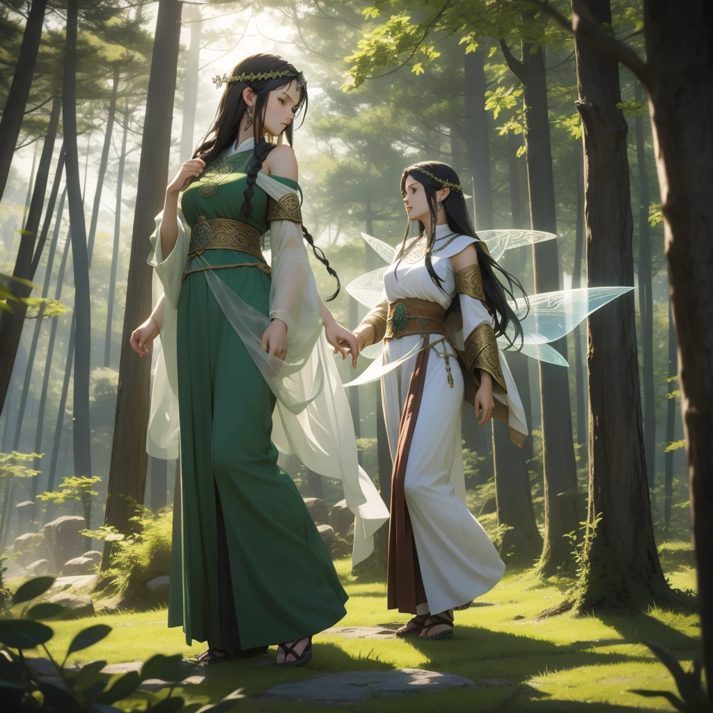 Highest quality、Transparent drawing、The fairy queen stands in her Celtic castle by the lake。Celtic mythological priestess in long dress、House of Taiki、There are fairies flying around、