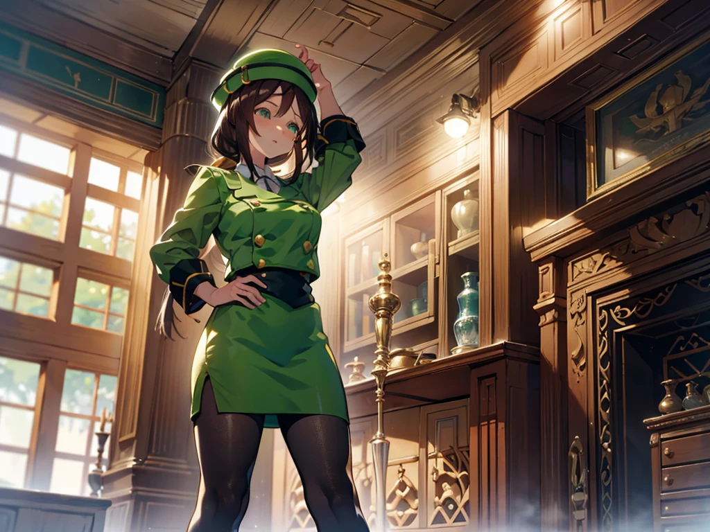 (​masterpiece, top-quality, hight resolution, Unity 8k, extremely details CG:1, Best Picture), married woman, hayakawa tazuna, low ponytail, green headwear, green jacket, green skirt, pantyhose, Create an image of a single female character displayed in the center of a video game conversation screen. The background is a dimly lit room with a medieval or fantasy aesthetic, filled with detailed decorations like bookshelves, ancient artifacts, and softly glowing lamps. The character is shown from the shoulders up, standing with a neutral, emotionless expression. She is wearing simple yet elegant clothing with a muted color scheme, blending into the calm, ambient lighting. The character's face is devoid of any strong emotion, giving a detached and composed vibe. from front