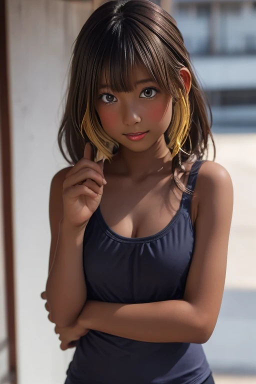 (((( one girl )))), Put your hand over your mouth、Beautiful breasts、 Brown eyes, ((Gal Hairstyles)) blonde, girl, (Eye and facial details:1.0), break, (masterpiece, Highest quality, Very detailed, Detailed face, 8k),( dark skin:2.05 ), (((( school swimsuit )))),( open mouth ),(((( thick lips ))))