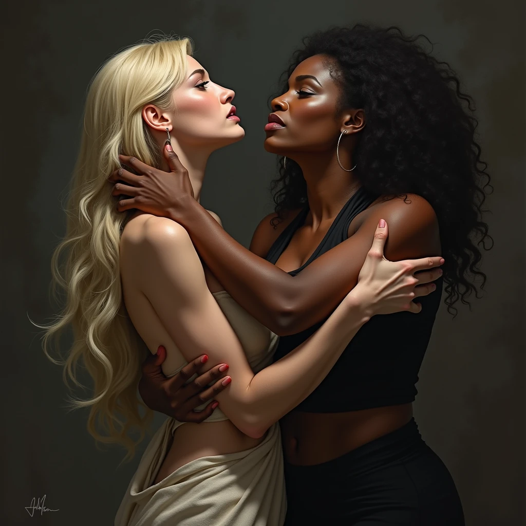 Family picture pose, three women in front of a large commissioned family tree in background of rich and proud European ancestors of various shades of blond hair color, realistic artstyle, the Caucasian girl in the center is nude she is a rich granddaughter but she is nervous, she is submitting herself to desires of women off center, Caucasian girl is on her knees, the women off center are friends (muscle bound, bulged, tall, big bone, african american women) - standing, in BDSM suits, african women are in a sexually dominating pose, realistic style, fetish fanart, realism artstyle, hyperrealistic teen, high quality fanart, artwork, conversing, 8k, realistic art style, passionate sexy poses, 3 young and beautiful women, detailed realistic expressions, realistic picture, all characters are 1, lesbian experience, white skinned woman takes pain as pleasure, white skinned woman's skin on face and body is sore, needs for black skinned women to dominate her as a punishment and thrill form of pleasure to herself, white skinned woman's deep and desperate desire for them to dominate her again after the picture will be taken, moist lips, moist pussy, moist nipples, moist kiss marks, two black skinned women, young blonde between them (on her knees), in photo studio one black skinned woman is smiling down at either white skinned woman or her black skinned girlfriend, the other black skinned woman is angry at white skinned woman. african women hands over either Caucasian young woman's (neck, eyes, reproductive areas, or mammary glands),