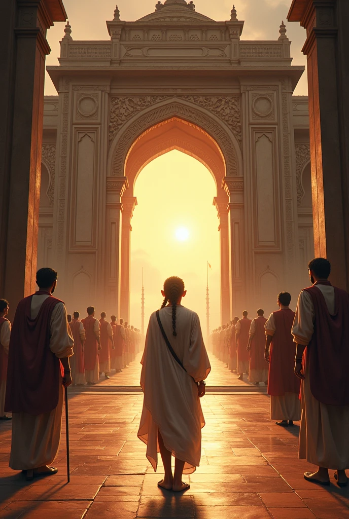 Generate an awe-inspiring image set in a vast desert where a large group of pilgrims prostrate themselves in worship of a miraculous deity. Divinity manifests as a luminous, ethereal silhouette in the sky. Employ cinematic techniques to compose the scene with contrasting lighting and details of the various cultural costumes. Render the image in high resolution (8k) with HDR effects for a captivating visual experience.