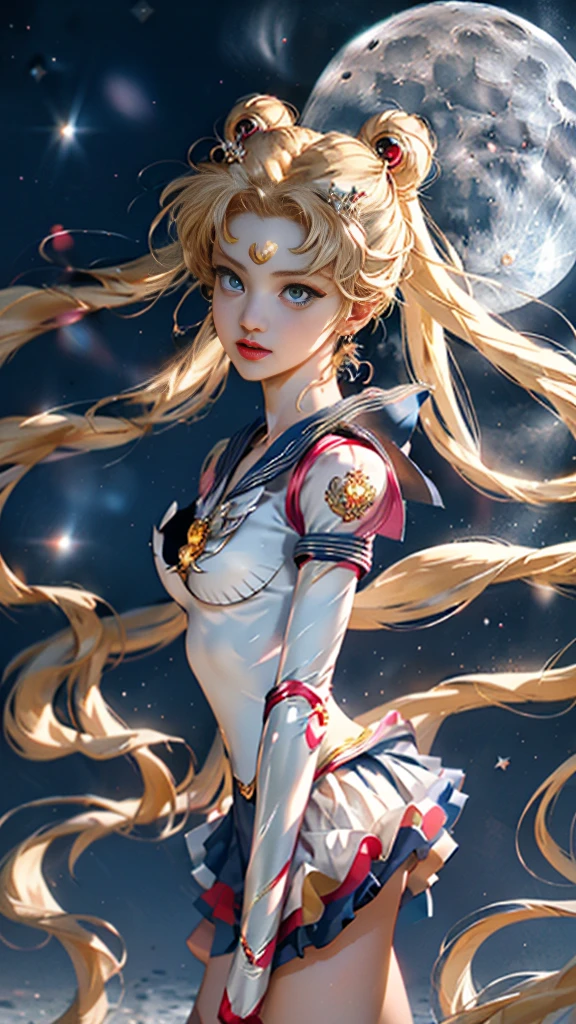 Masterpiece, Full: 1.3, Stand, 8K, 3D, Realistic, Ultra Micro Shooting, Top Quality, Extreme Detail CG Unity 8K Wallpaper, from below, intricate details, (1 female), 1, (Sailor Moon supersailormoon mer1, Tiara, Sailor Senshi Uniform Sailor: 1.2, Sailor Moon: 1.2), Impossibly long bright twin-tailed blonde, thin and very long straight twin-tailed blonde, hair bun, red round hair ornament in a hair bun, Sailor Senshi uniform, (blue collar, blue sailor collar, blue pre-gate mini skirt: 1.3, very large red bow on the chest: 1.3, long white latex gloves: 1.3, red gloves on the elbows, Very large red bow behind the waist: 1.1, cleavage is looking large, golden tiara, earrings), (face details: 1.5, bright blue eyes, beautiful face, beautiful eyes, shiny eyes, thin lips: 1.5, thin and sharp pale eyebrows, long dark eyelashes, double eyelashes), luxurious golden jewelry, thin, thin and muscular, small face, big breasts, perfect proportions, Thin waist, sexy model pose, visible pores, seductive smile, perfect hands: 1.5, high-leg swimsuit, very thin and fit high-gloss white holographic leather, octane rendering, very dramatic image, strong natural light, sunlight, exquisite lighting and shadow, dynamic angle, DSLR, sharp focus: 1.0, Maximum clarity and sharpness, (space background, moonlight, moon, dynamic background, detailed background)