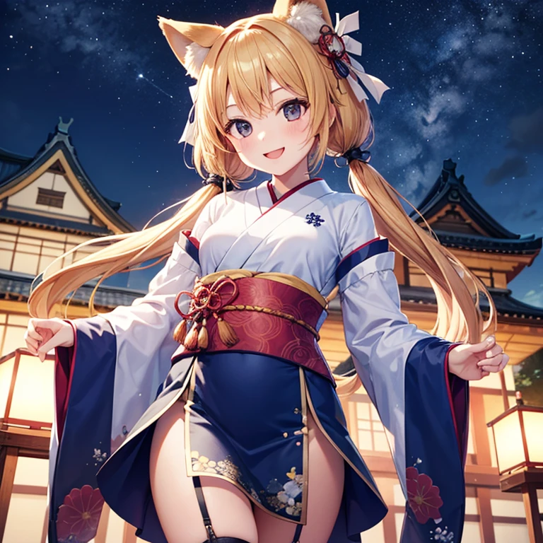 One Girl,Short blonde、low twintails、Very smiling、Small breasts、Fox ears、Black Eyes、White ribbon、Garter Ring、Short shrine maiden outfit、In front of a Japanese castle、Night Sky、Dynamic Angle