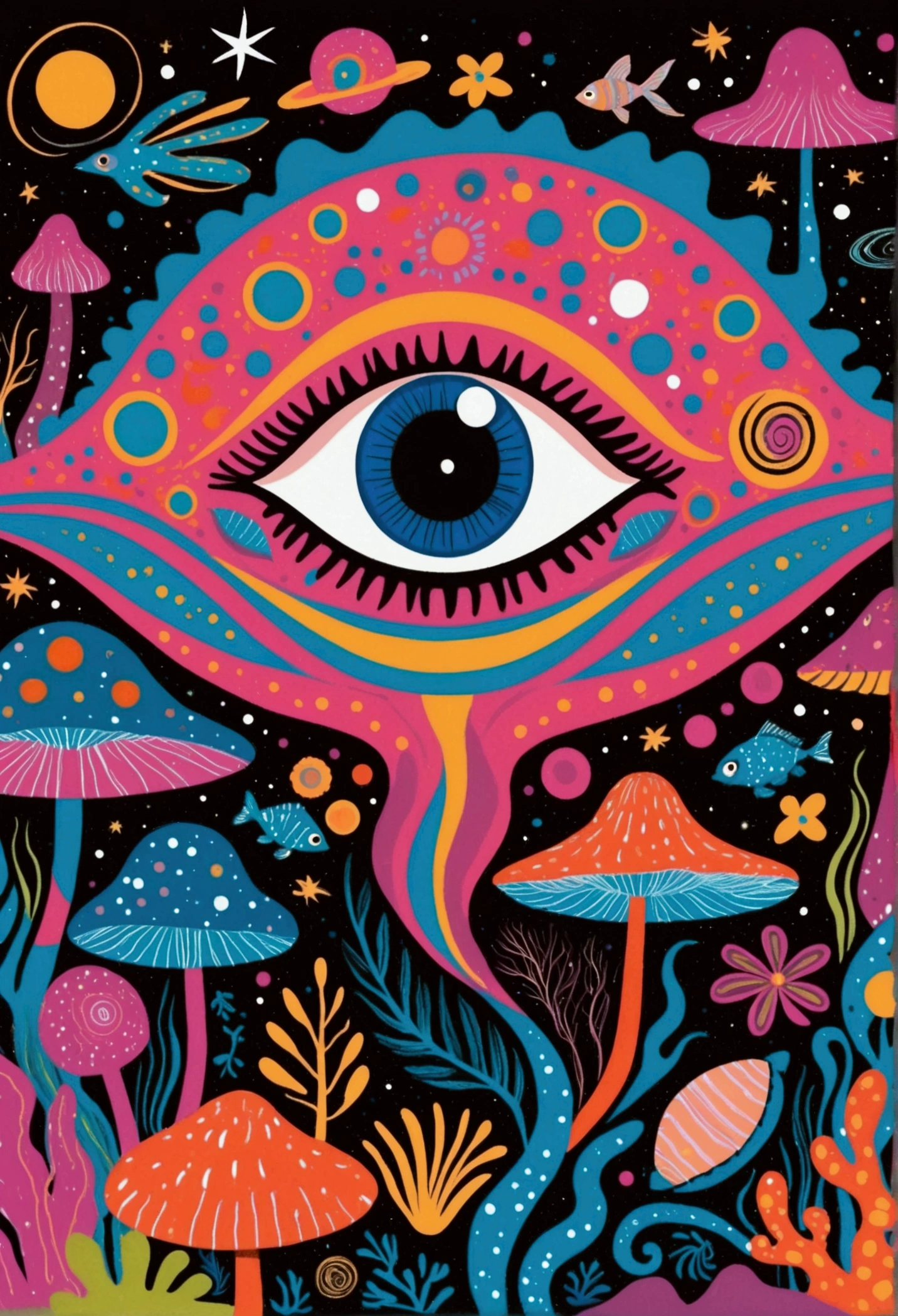 psychedelic artwork, large central eye with pink lashes, surrounded by cosmic elements, stars, planets, comets, fanciful pink and blue swirls, colorful coral reef, abstract plants and flowers, vibrant mushrooms with eye motifs, fish-like creatures, colorful and detailed, sense of mysticism and surrealism, bright and lively color palette, intricate patterns and textures, dreamlike atmosphere, fantasy world, deep space and underwater themes combined