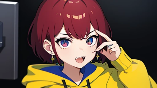 masterpiece、Best Quality、One girl、Upper Body、Short Hair、Show your fangs、Putting on earrings、Ring Accessories、Wear a hoodie、Put your hands on your face、Stylish Background、Many monitors