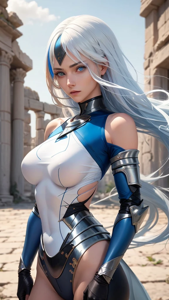 Full body, One girl, blue eyes, long hair, white hair, (((blue-streaked white hair))), french braids, delicate and flexible eyes, knightly attire, FOV, f/1.8, masterpiece, ancient civilization's ruins background, blue sky, falling leaves, front portrait shot, face focus, 8K, (((bare shoulders))), front bangs, (((asymmetrical hair))), knight lady, (((female knight blue attire))), looking at viewers, (((big breasts))), (((untied hair))), (((detached sleeves))), (patterned breastplate), (patterned breast armor), from front, face photoshot