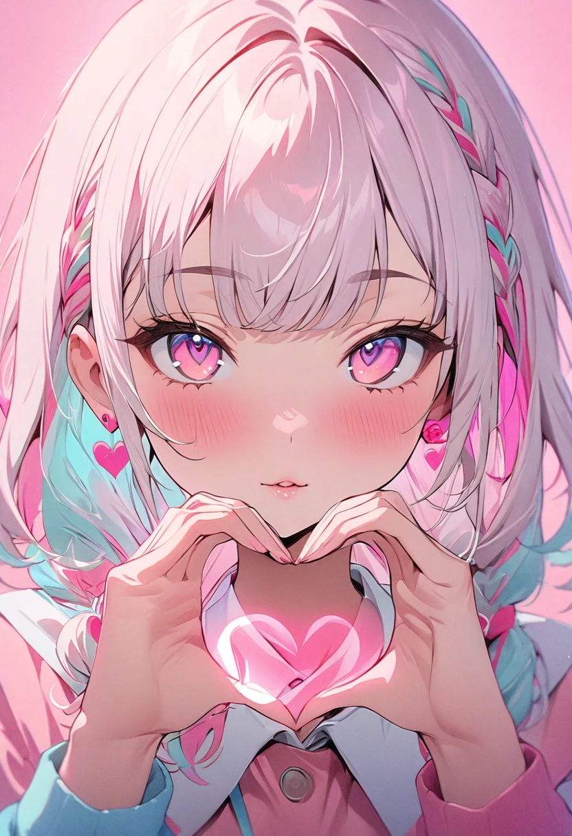 (masterpiece, Best Quality:1.4), 1 girl, Alone, Anime Style, Colorful Students, Blurred vision, Pink lower lip, Pastel colors, Silver fluffy hair, Longer bangs on one side, Braiding, Color Highlights,Student Uniform, Portraiture, Pink Eyes, Cute Face. Lips in Love, Stylish design, Pure Pink Background, (Heart shaped hands).