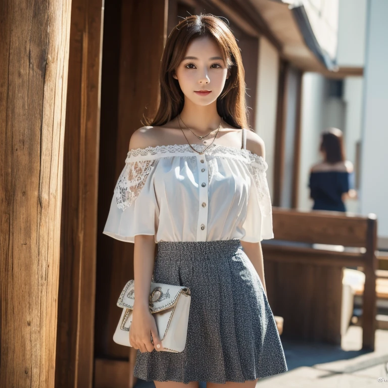 ( Female student standing in the classroom)，Charming eyes，Heartwarming action，Turn your face away from the camera，stooped，Bend over，turn back，Look up at your head，thick and long black hair，Highly detailed body，Highly detailed face，best qualtiy、(P  iNK underwear),(High School Girls),((Off-the-shoulder白のブレザー、emblem on breasts))、(Off-the-shoulder(Translucent blouse)),,((navy check flare skirt)),(Black stockings)、((White lace underwear is visible))