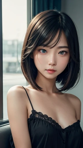 Polaroid blue tone, masterpiece, the highest quality,astolfo, looking at away, ULZZANG, happy, background inside dark,、huge breasts