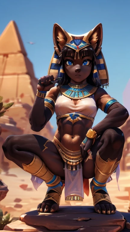 (1girl, cat, zzRamesses), (extremely detailed CG unit 8k wallpaper),(master part), (best quality), (ultra detail), (best illustration),(Tsukasa Hojo style), cowboy shot, Paw pose, show Paws show claws, (Sharp eyeliner, ombre, detailed eyes:1), desert, pyramid \(structure\), Of Another world, digital art, break , upper body, crouching, Sharp claws, blue eyes, black hair, dark skin, pharaoh's headdress, jewelry, gold, white crop top, white pelvic curtain,