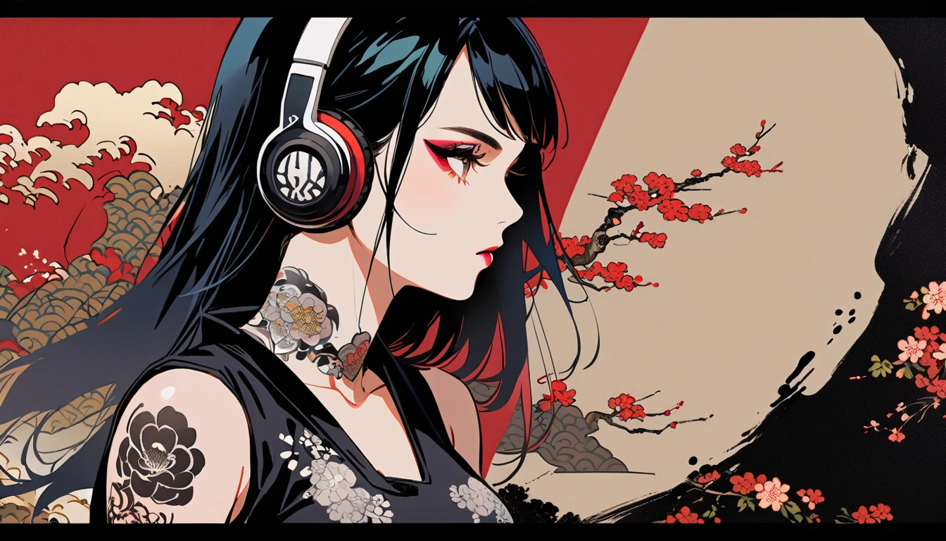 fisheye, Ink Painting, (((1 girl))), (((Tattoo on face))), sunglasses, Japanese style headphones, beautiful girl, Black Hair, Delicate and precise, Modern ukiyo-e style, Dark image