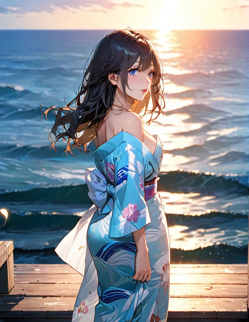 (masterpiece, best quality:1.2), illustration, anime, (wide shot), model shoot, 1girl, (armpits), long dark hair, blue ocean eyes, pretty lips, beautiful faces, beautiful eyes, Japanese traditional yukata, back lighting, standing on pier, (ocean, glittering water surface), waves, scenery summer pier background, vibrant color, bright sunlight, 8K, ultra HD
