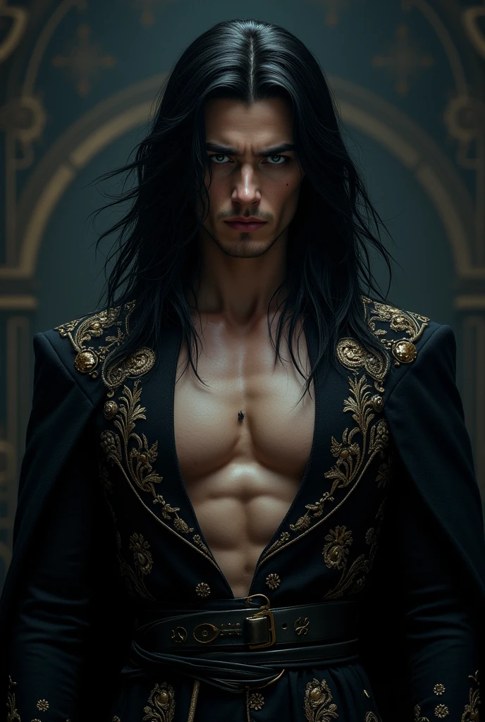 Tall male in the age range of 25-40, with long, dark and wavy hair, and a strong athletic physique. Fair skin, athletic build, and pale or white colored eyes. Extremely sexy and hot, attractive. A black and gold velvet outfit, although not very protective, probably expensive-looking, with a permanent and thick black shadow aura surrounding him. The aura is very strong and people can touch it.