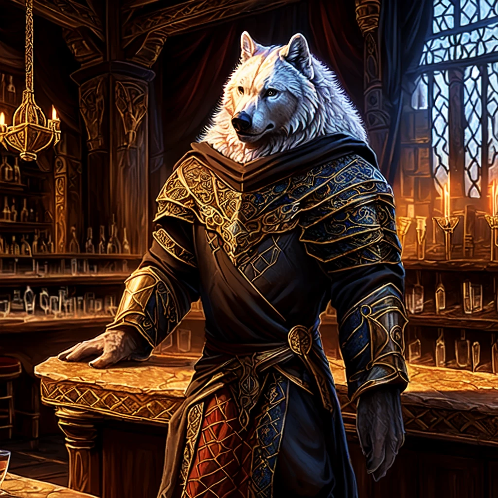 A majestic old wolf in a sorcerer's robe, a regal black bear in ornate armor, and a bartender white bear standing in front of a medieval tavern, medieval landscape, high quality, intricate details, cinematic lighting, fantasy art, dramatic colors