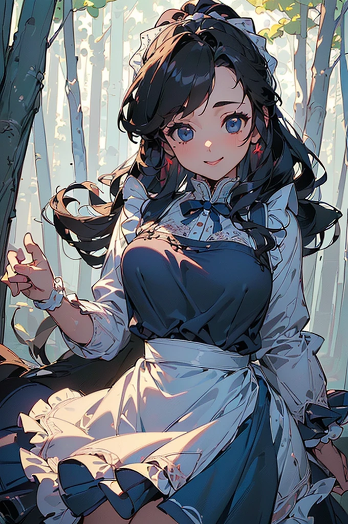 ((((High resolution, Intricate details, masterpiece, 8k)))), (((beautiful, Blue dress, White apron, Frills, lace, forest))), (One Woman, Black Hair, Red cheeks, smile, Dancing)), (Black Hair, Red cheeks, middle part, Long Hair, ponytail, Big ribbon, Glowing Skin), from front, looking at viewer, look at viewer,