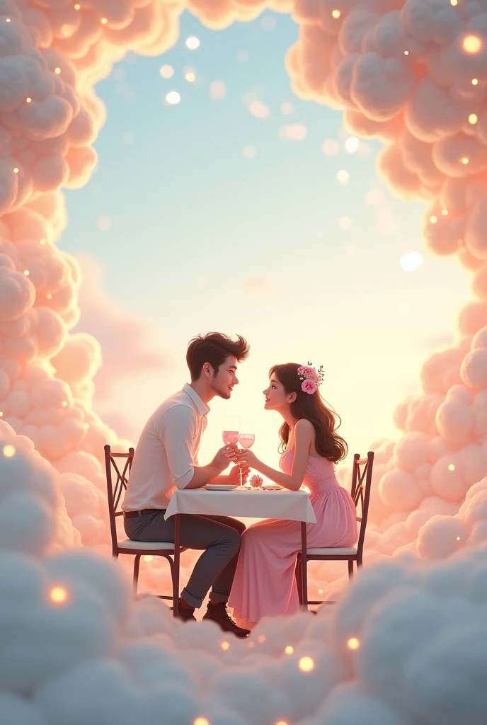 Figures with pastel-colored balloon heads having a picnic on a floating cloud in a surreal landscape