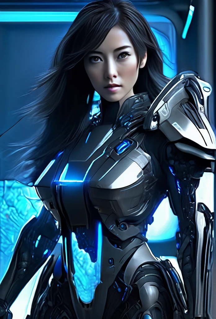 A woman wearing exoskeleton cyber armor, The armor fits snugly、She has a plasma gun in her hand., Full body portrait, Maximum details, Detailed drawings and excellent quality, 8k,chest, blue eyes, High resolution, 超High resolution, Best Quality, Shortcuts, Black Hair, 大きなchest, Cinematic Lighting Effects, Futuristic, ((High tech spaceship interior with blue light illumination)), 