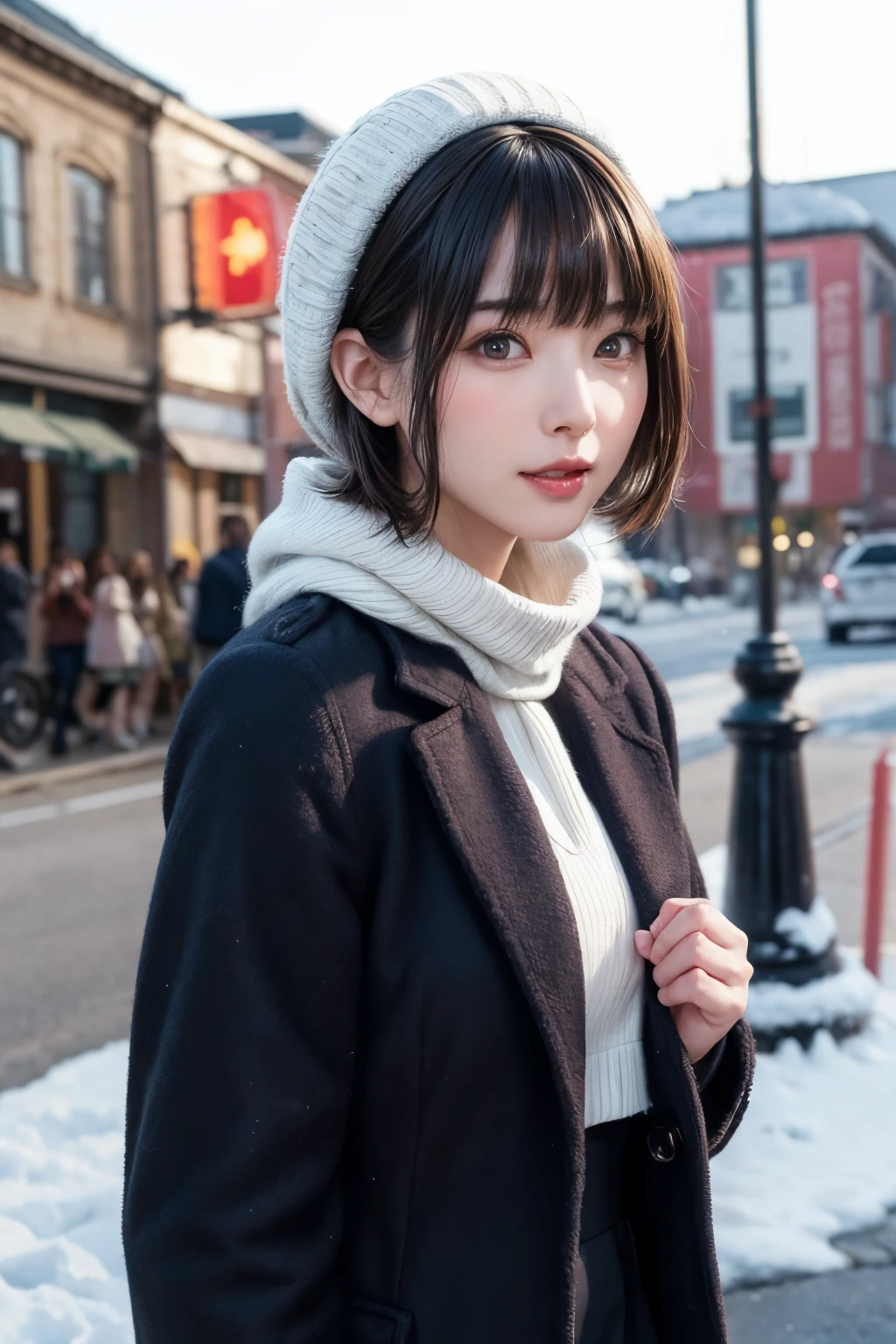highest quality、masterpiece、live-action、Realistic、High resolution、4k、Japanese、Black Hair、Hair tied up、Japanese high school students、Cute Girls、18-year-old、Troubled face、Red knitted hat、Black sweater、Crouch down and look up at the viewer、The audience looks down、The background is a snowy park、Whole body -- 9:16