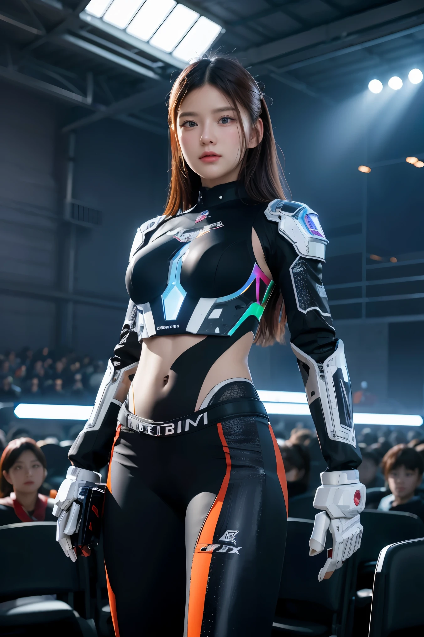 ((masterpiece, best quality)),illustration,ultra detailed 8k,(detailed face), photorealistic,sharp focus,highly detailed,professional lighting,colorful details,iridescent colors BREAK extreme long shot of a factory,large mechanical robot construction,microchip,computer,glowing,intricate details,shitu-mecha,1girl is standing back turned in front of the audience,Navel