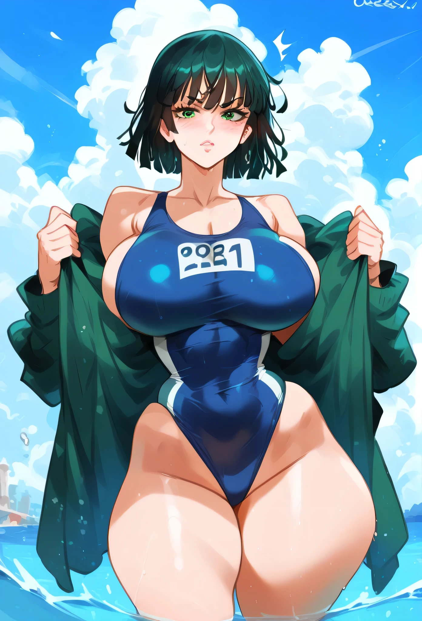 1 , Fubuki \(One Punch Man\), One Punch Man \\\\\ work of art, best quality, newest, , ///// sailor, Khyle, cuteasssexyrobots \\\\\ Big breasts, thin waist, sweatdrop, Blush, one piece swimsuit,, Alone, vegetation, short legs, in the water, Looking at the viewer